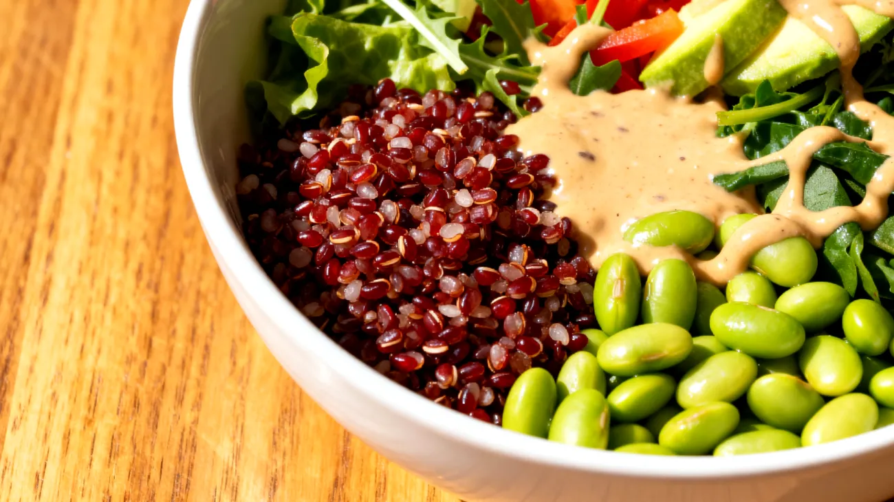 Buddha bowl con quinoa rossa, edamame e tahina"