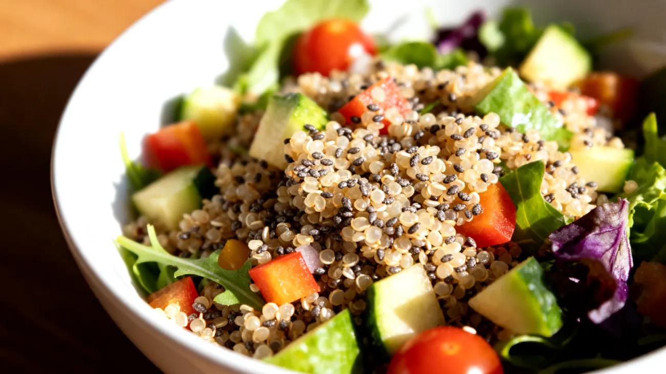 Insalata di quinoa con semi di chia e verdure crude"