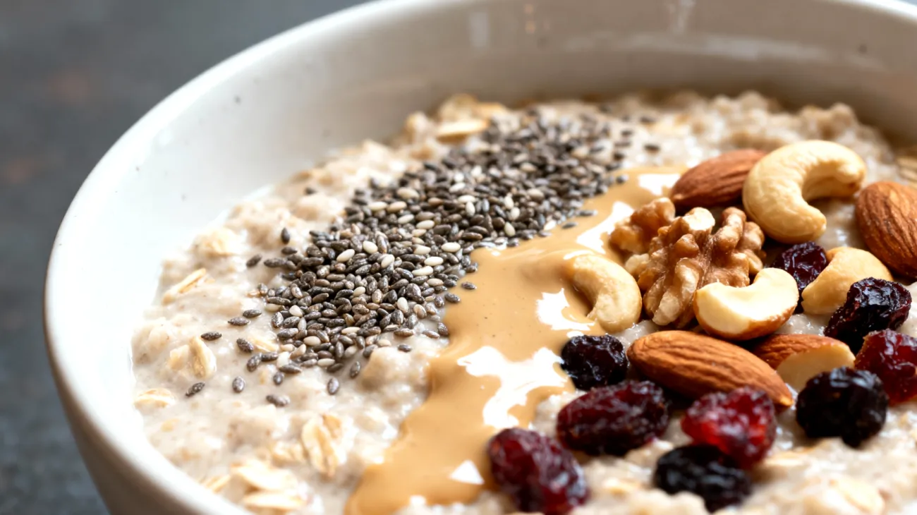 Porridge di avena con semi di chia, tahini e frutta secca"