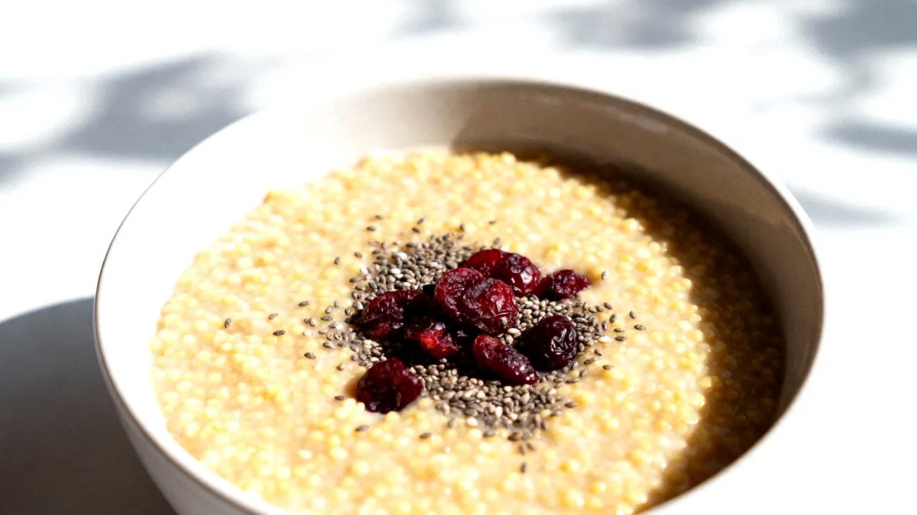 Porridge di miglio con semi di chia e mirtilli rossi"